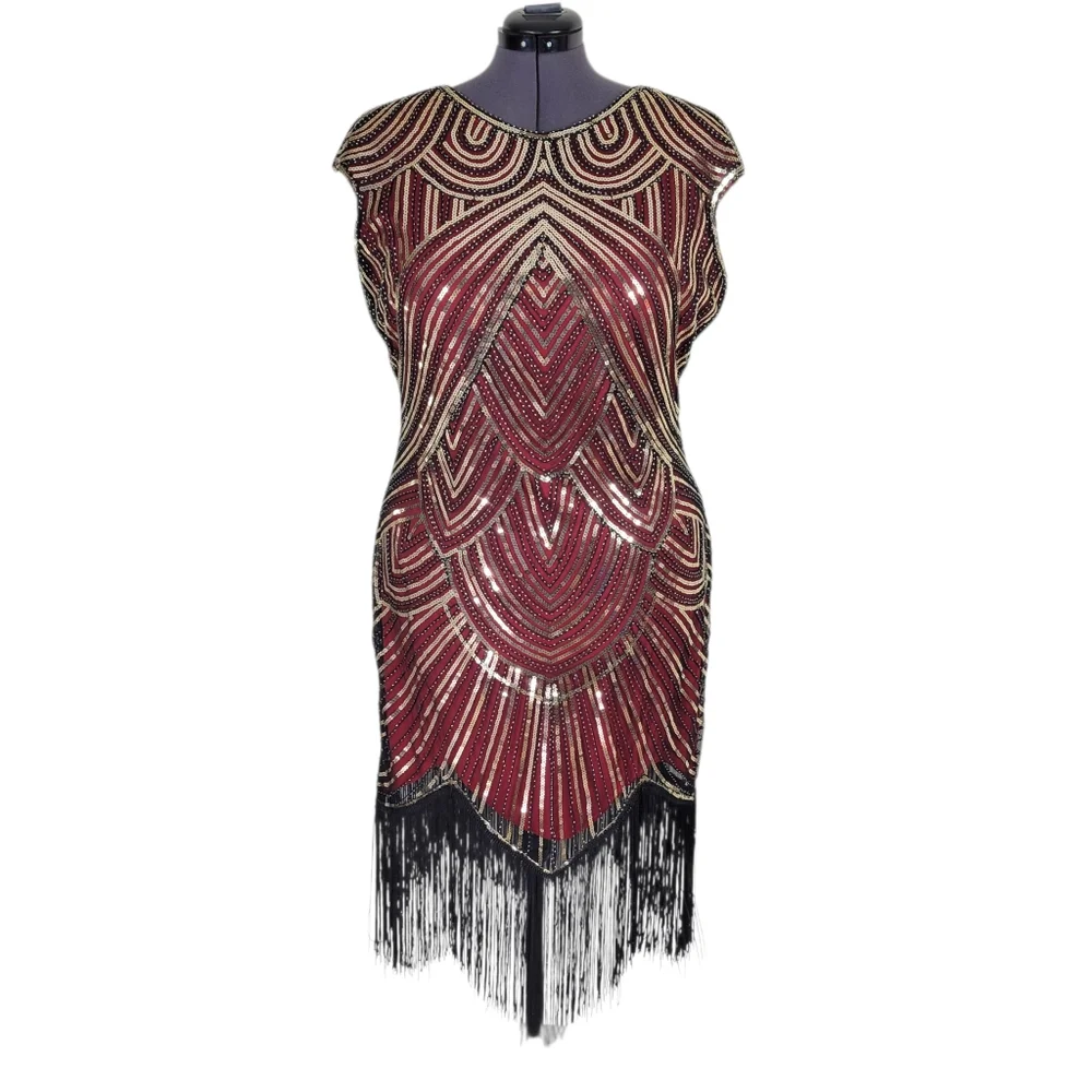Fundaisy Dress Plus Size 3XL Red Black Mesh Gold Sequins Fringe Gatsby Flapper - Picture 2 of 11